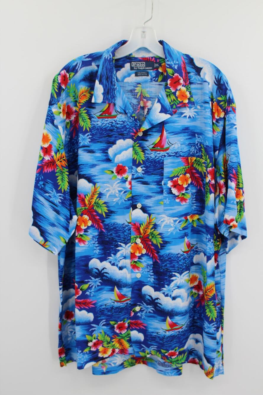 VTG 90s Polo Ralph Lauren Hawaiian Shirt Mens XL Blue 100% Rayon Floral Caldwell